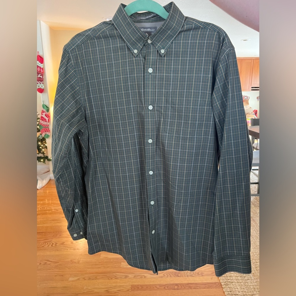 Eddie Bauer dark green button down dress shirt plaid
